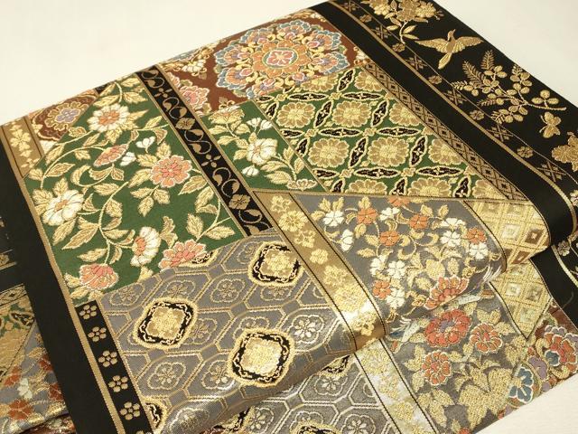 平和屋着物▼つけ帯　正倉院向かい鳥花文　金糸　正絹　逸品　DABJ1448az