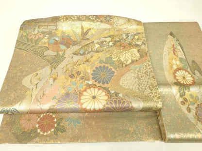 平和屋着物▼つけ帯　螺鈿箔　鴛鴦流水花文　正絹　逸品　DABJ1451az