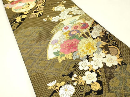 平和屋着物▼全通柄袋帯　円山あたり　扇面花文　金銀糸　さが美扱い　正絹　逸品　DABJ1456az