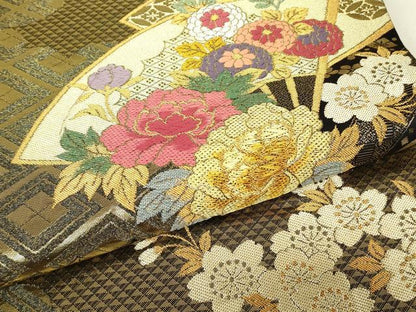 平和屋着物▼全通柄袋帯　円山あたり　扇面花文　金銀糸　さが美扱い　正絹　逸品　DABJ1456az