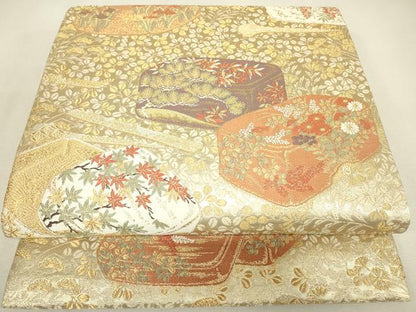平和屋着物▼六通柄袋帯　花文箱　金糸　正絹　逸品　DABJ1480az