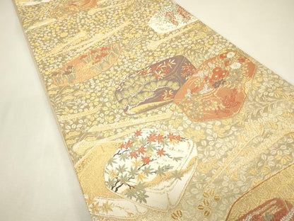平和屋着物▼六通柄袋帯　花文箱　金糸　正絹　逸品　DABJ1480az