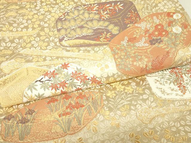 平和屋着物▼六通柄袋帯　花文箱　金糸　正絹　逸品　DABJ1480az