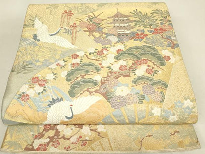平和屋着物▼六通柄袋帯　飛鶴扇面花文　金糸　正絹　逸品　DABJ1482az
