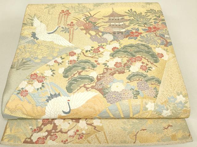 平和屋着物▼六通柄袋帯　飛鶴扇面花文　金糸　正絹　逸品　DABJ1482az