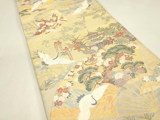 平和屋着物▼六通柄袋帯　飛鶴扇面花文　金糸　正絹　逸品　DABJ1482az