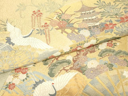 平和屋着物▼六通柄袋帯　飛鶴扇面花文　金糸　正絹　逸品　DABJ1482az