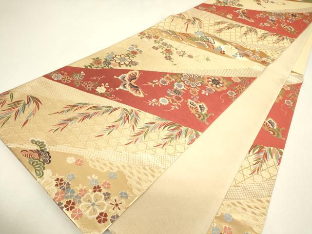 平和屋着物▼六通柄袋帯　舞蝶花文　金糸　正絹　逸品　DABJ1491az