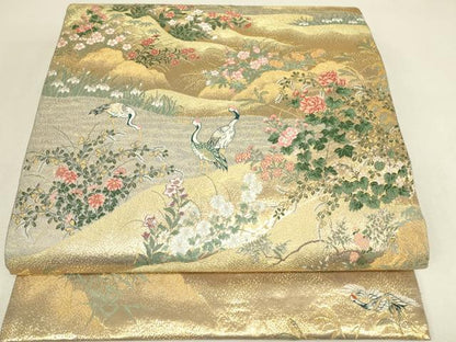 平和屋着物▼六通柄袋帯　群鶴花文　金糸　正絹　逸品　DABJ1502az