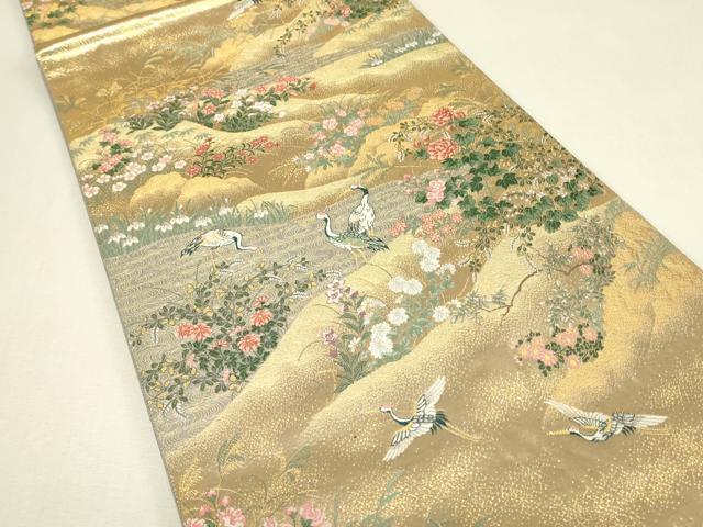平和屋着物▼六通柄袋帯　群鶴花文　金糸　正絹　逸品　DABJ1502az