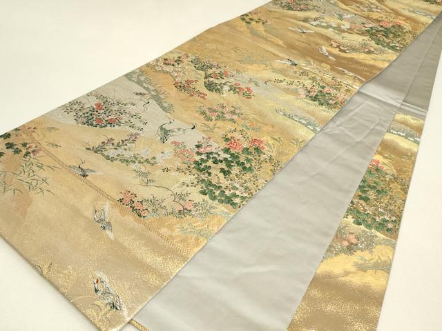 平和屋着物▼六通柄袋帯　群鶴花文　金糸　正絹　逸品　DABJ1502az