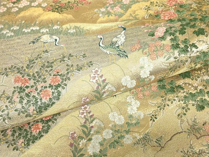 平和屋着物▼六通柄袋帯　群鶴花文　金糸　正絹　逸品　DABJ1502az