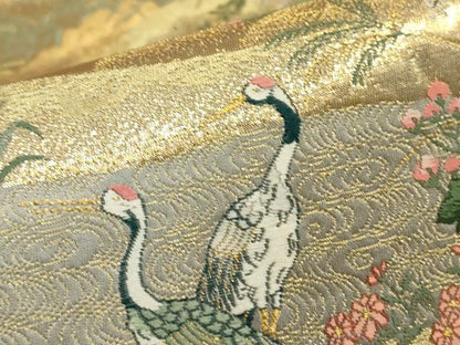 平和屋着物▼六通柄袋帯　群鶴花文　金糸　正絹　逸品　DABJ1502az