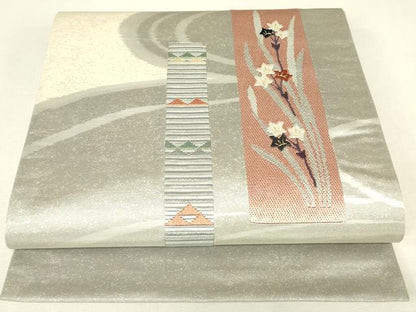 平和屋着物▼絽刺し　区限刺繍　太鼓柄袋帯　短冊花文　金糸　正絹　逸品　DABJ1512az