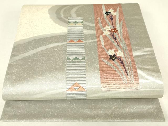 平和屋着物▼絽刺し　区限刺繍　太鼓柄袋帯　短冊花文　金糸　正絹　逸品　DABJ1512az