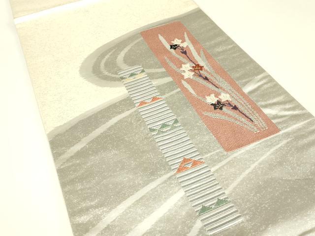 平和屋着物▼絽刺し　区限刺繍　太鼓柄袋帯　短冊花文　金糸　正絹　逸品　DABJ1512az