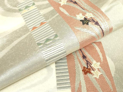 平和屋着物▼絽刺し　区限刺繍　太鼓柄袋帯　短冊花文　金糸　正絹　逸品　DABJ1512az