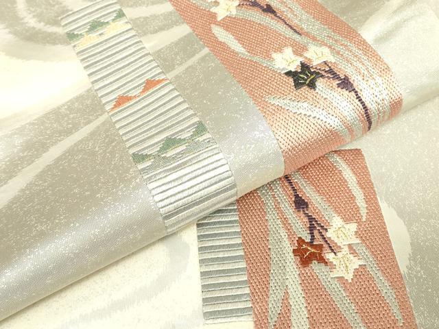 平和屋着物▼絽刺し　区限刺繍　太鼓柄袋帯　短冊花文　金糸　正絹　逸品　DABJ1512az