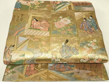 平和屋着物▼丸帯　源氏かるた　金糸　正絹　逸品　DABJ1518az