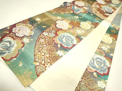 平和屋着物▼六通柄袋帯　唐織　舞花文　金糸　正絹　逸品　DABJ1520az