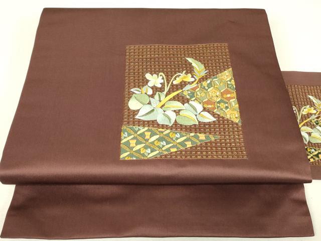 平和屋着物▼九寸名古屋帯　総刺繍　色紙花文　金糸　正絹　逸品　DABJ1523az