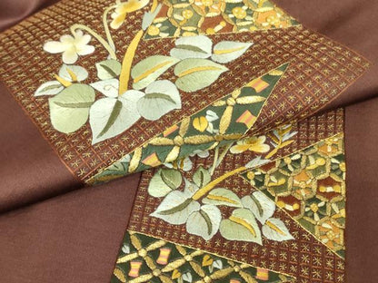 平和屋着物▼九寸名古屋帯　総刺繍　色紙花文　金糸　正絹　逸品　DABJ1523az