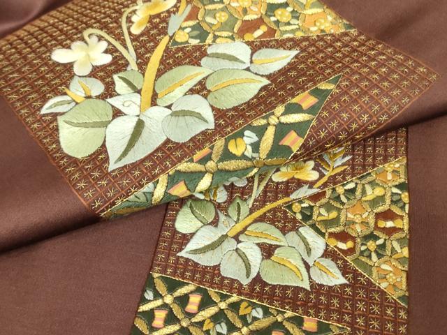 平和屋着物▼九寸名古屋帯　総刺繍　色紙花文　金糸　正絹　逸品　DABJ1523az