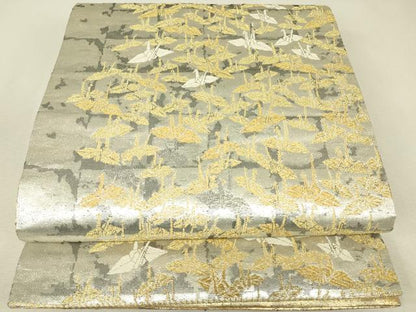平和屋着物▼佐賀錦　双方向　両面　全通柄袋帯　群鶴文　金銀糸　正絹　逸品　DABJ1540az