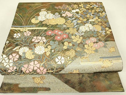 平和屋着物▼六通柄袋帯　休み鳥花文　金糸　引箔　正絹　逸品　DABJ1544az