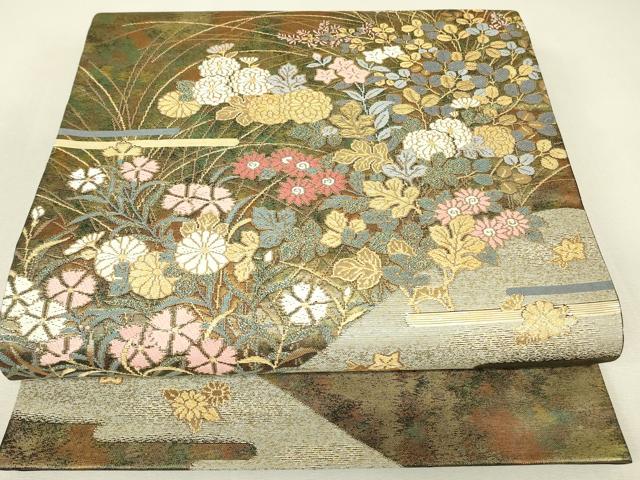 平和屋着物▼六通柄袋帯　休み鳥花文　金糸　引箔　正絹　逸品　DABJ1544az