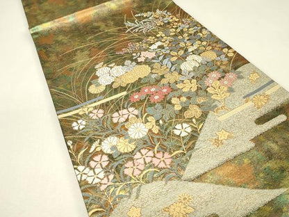 平和屋着物▼六通柄袋帯　休み鳥花文　金糸　引箔　正絹　逸品　DABJ1544az