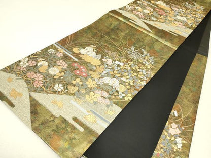 平和屋着物▼六通柄袋帯　休み鳥花文　金糸　引箔　正絹　逸品　DABJ1544az