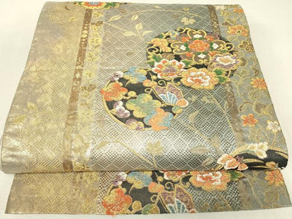 平和屋着物▼六通柄袋帯　吉祥花蝶丸文　金糸　正絹　逸品　DABJ1545az