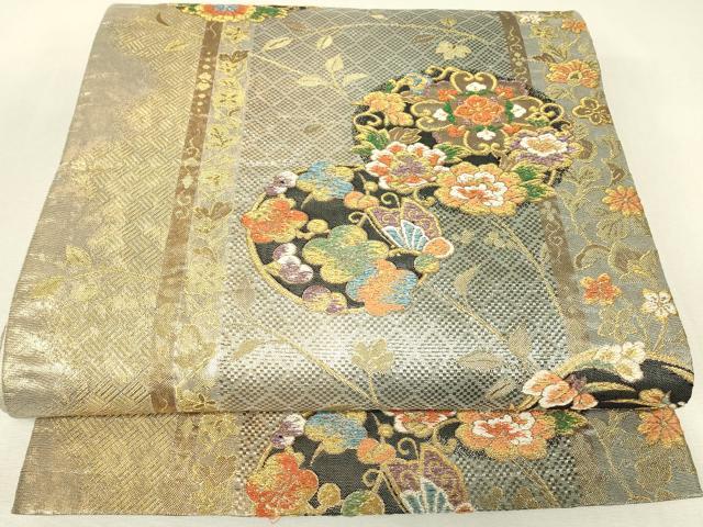 平和屋着物▼六通柄袋帯　吉祥花蝶丸文　金糸　正絹　逸品　DABJ1545az