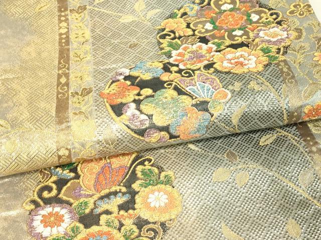 平和屋着物▼六通柄袋帯　吉祥花蝶丸文　金糸　正絹　逸品　DABJ1545az