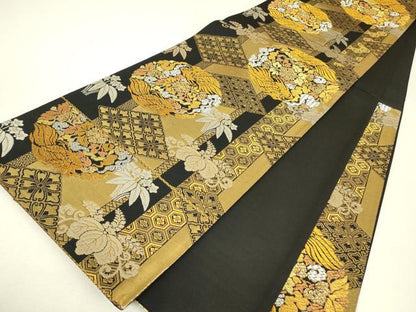 平和屋着物▼六通柄袋帯　雅錦　鳳凰花文　黒地　金銀糸　正絹　逸品　DABJ1547az