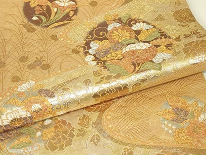 平和屋着物▼六通柄袋帯　道長花蝶文　金銀糸　正絹　逸品　DABJ1549az