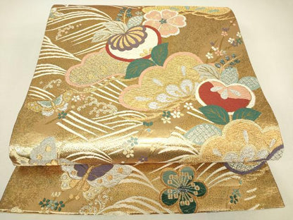 平和屋着物▼六通柄袋帯　吉祥花松文　金銀糸　正絹　逸品　DABJ1551az