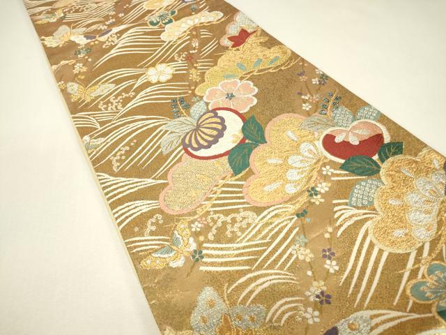 平和屋着物▼六通柄袋帯　吉祥花松文　金銀糸　正絹　逸品　DABJ1551az