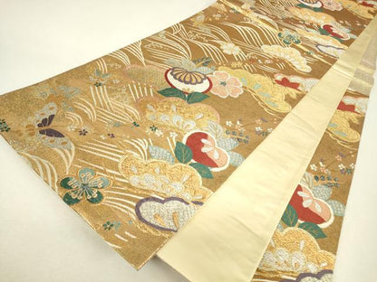 平和屋着物▼六通柄袋帯　吉祥花松文　金銀糸　正絹　逸品　DABJ1551az
