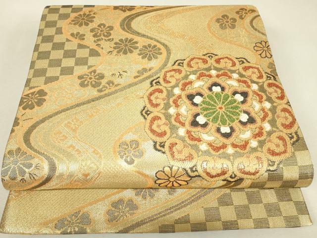 平和屋着物▼六通柄袋帯　正倉院流水花文　金糸　正絹　逸品　DABJ1552az