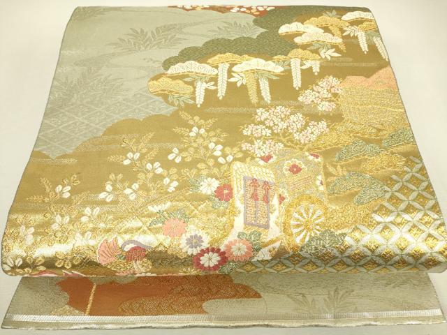 平和屋着物▼六通柄袋帯　御所車花文　金糸　正絹　逸品　DABJ1556az