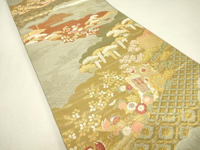 平和屋着物▼六通柄袋帯　御所車花文　金糸　正絹　逸品　DABJ1556az