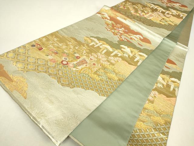 平和屋着物▼六通柄袋帯　御所車花文　金糸　正絹　逸品　DABJ1556az