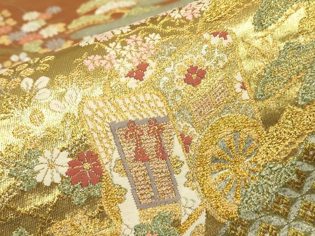 平和屋着物▼六通柄袋帯　御所車花文　金糸　正絹　逸品　DABJ1556az