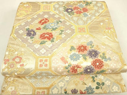 平和屋着物▼六通柄袋帯　蜀江花文　金糸　正絹　逸品　DABJ1559az