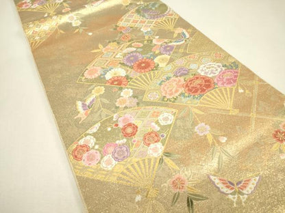 平和屋着物▼西陣　長嶋成織物　ながしま帯　六通柄袋帯　唐織　檜扇優美文　金糸　正絹　逸品　DABJ1561az