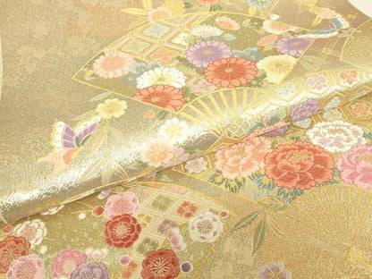平和屋着物▼西陣　長嶋成織物　ながしま帯　六通柄袋帯　唐織　檜扇優美文　金糸　正絹　逸品　DABJ1561az