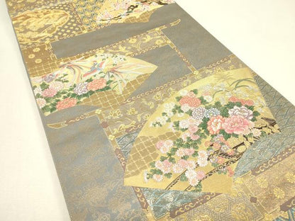 平和屋着物▼六通柄袋帯　綾細羅錦　地紙花鳥文　金糸　正絹　逸品　DABJ1562az