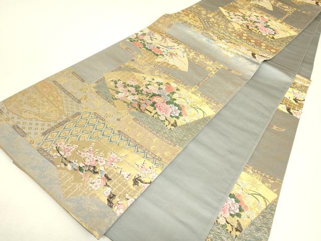 平和屋着物▼六通柄袋帯　綾細羅錦　地紙花鳥文　金糸　正絹　逸品　DABJ1562az